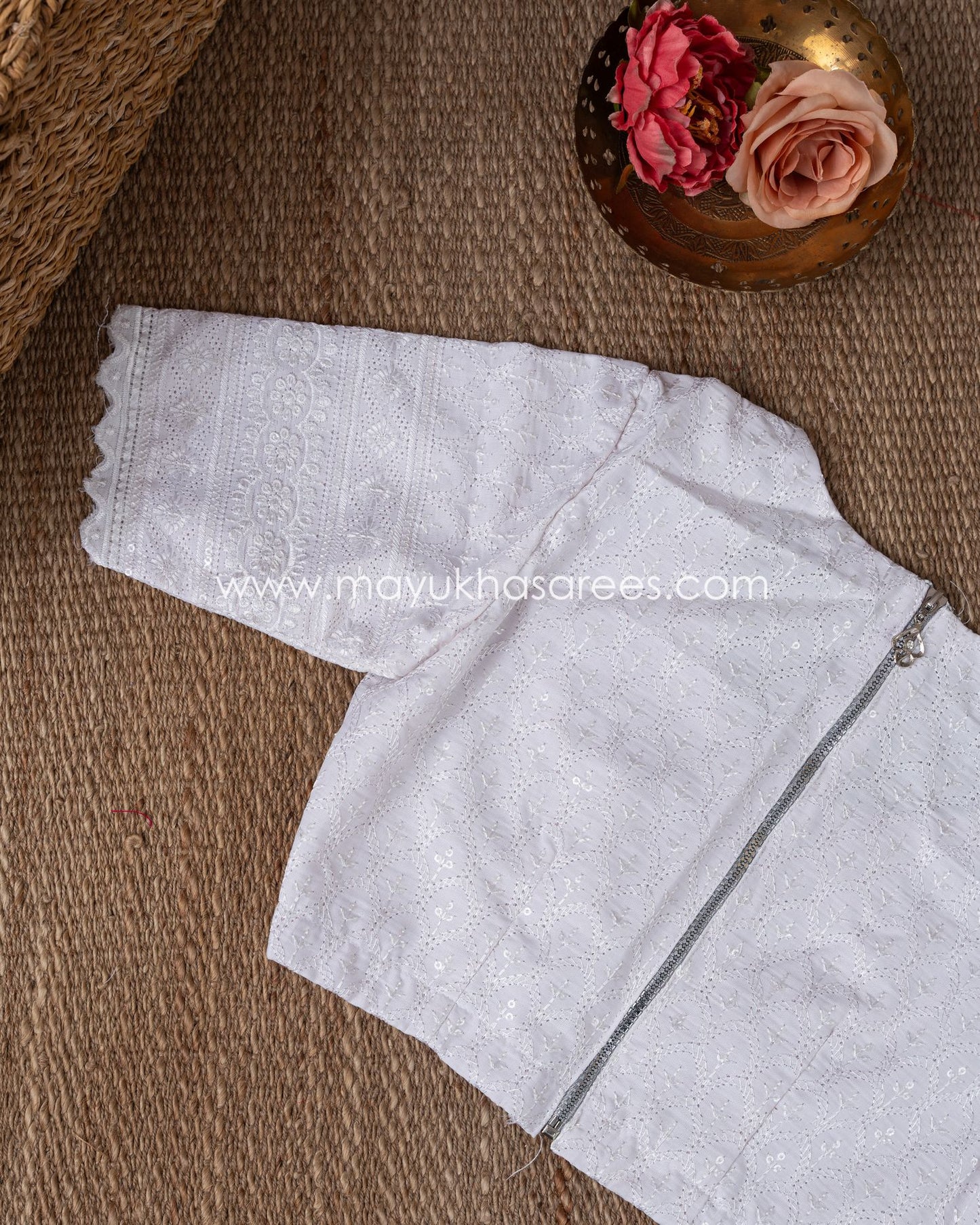 Lavender Blossom: Chikankari And Linen Gorgette Saree With Stitched Custom Blouse