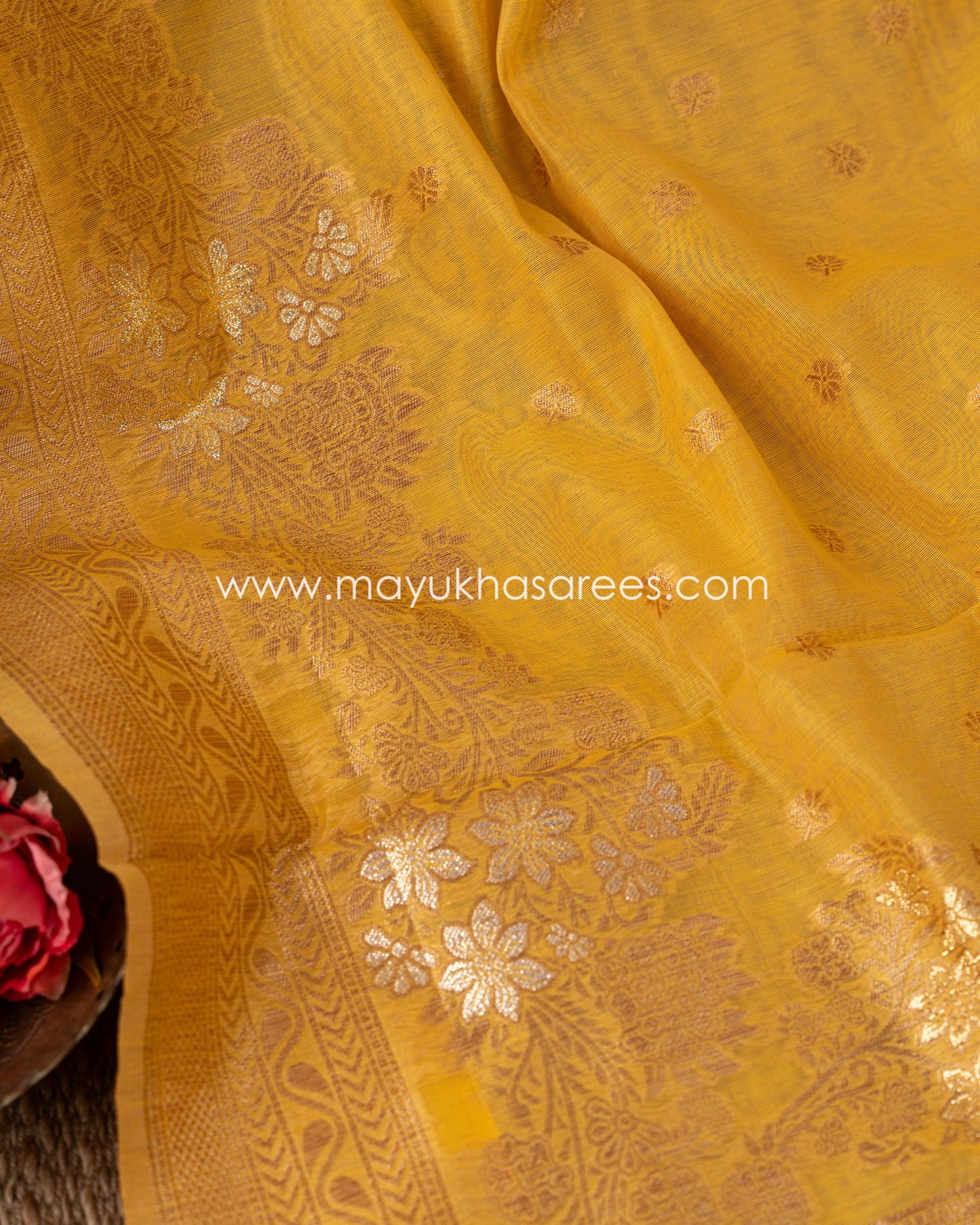 Golden Blossom Banarasi Kora Mustard And Red Designer Saree