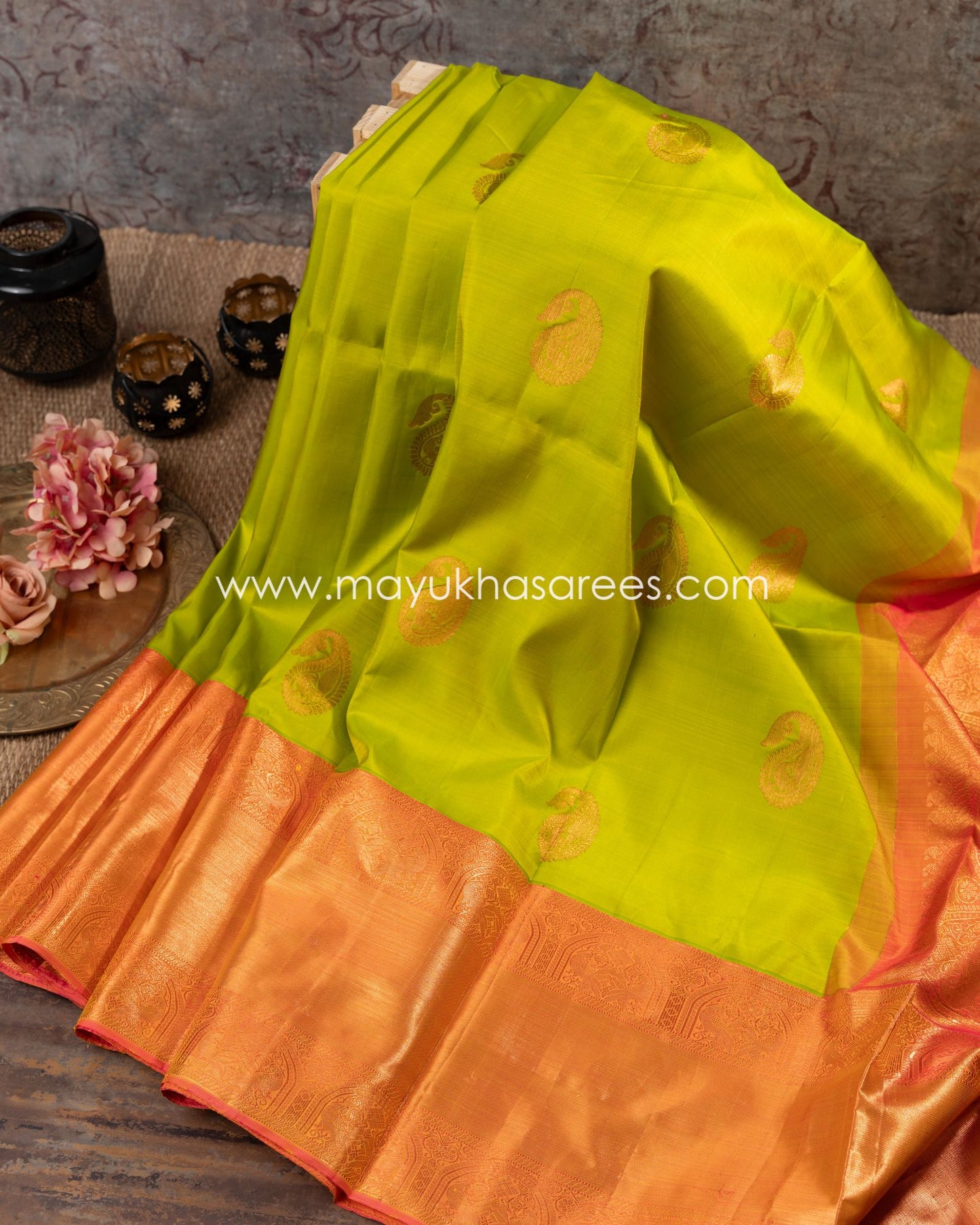 Copper Weave Leaf Green And Orange Kanchipuram Silk Saree Set