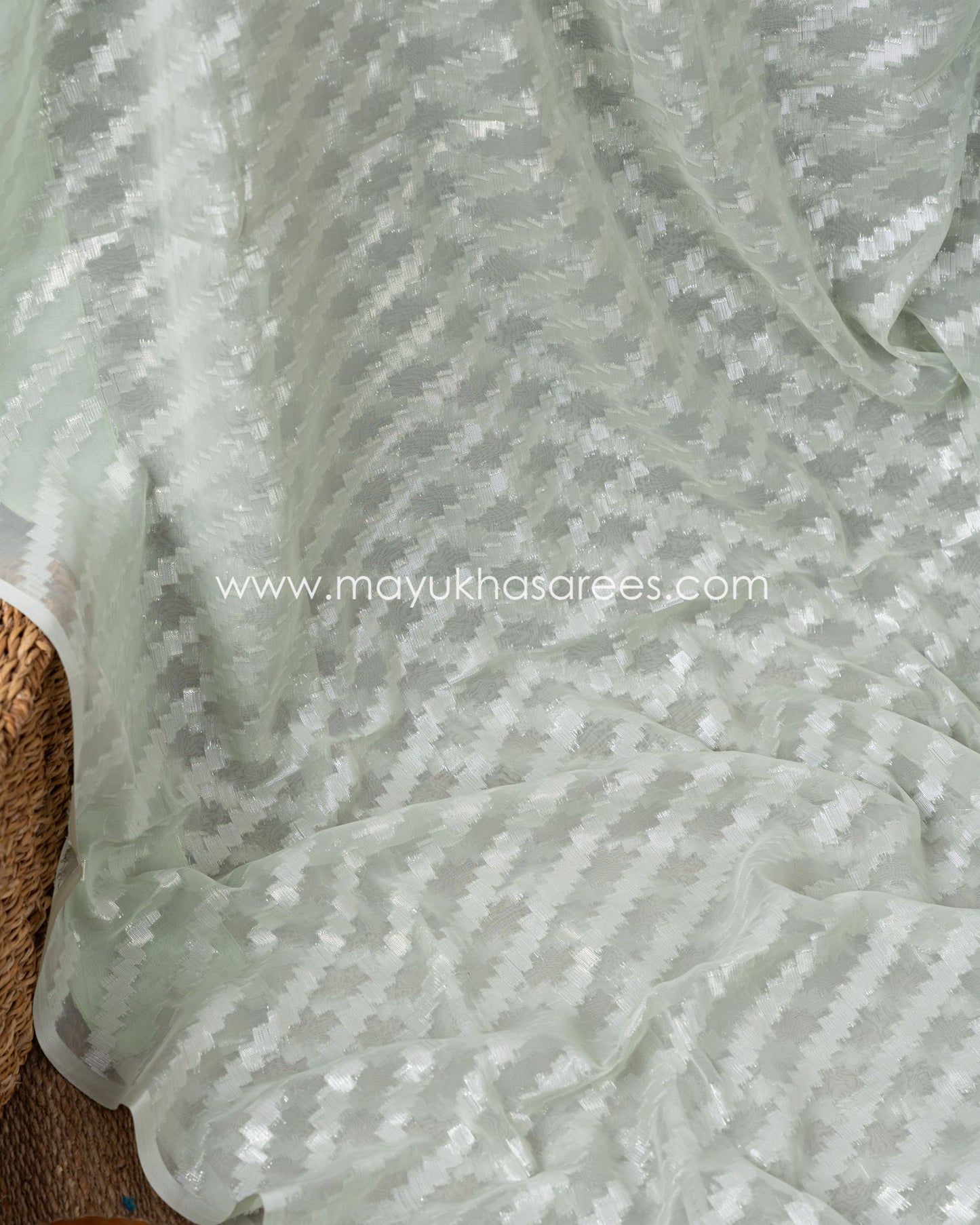 Pastel Green And White Chikankari Linen Gorgette Saree With Stitched Custom Blouse