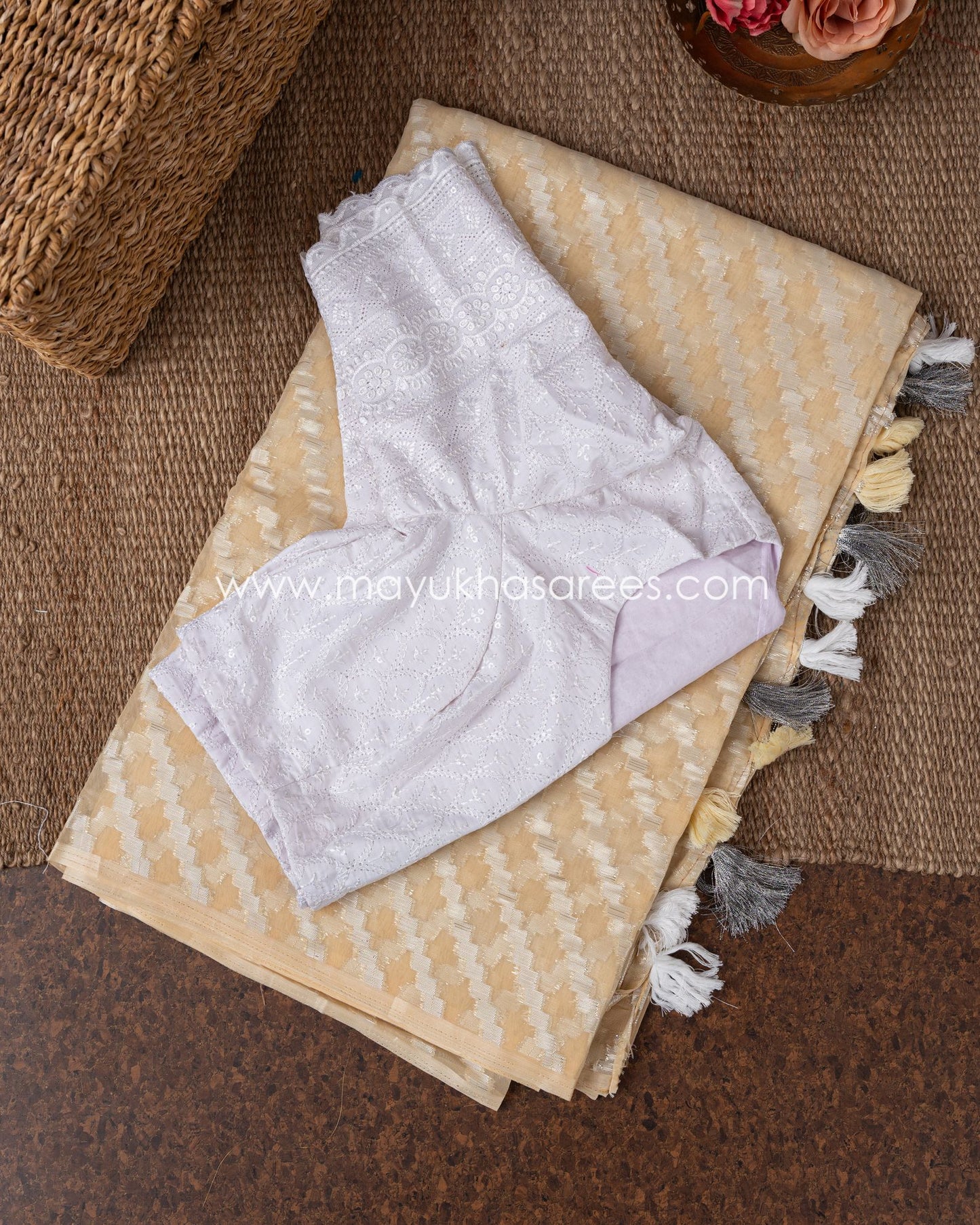 Pastel Orange And White Chikankari And Linen Gorgette Saree