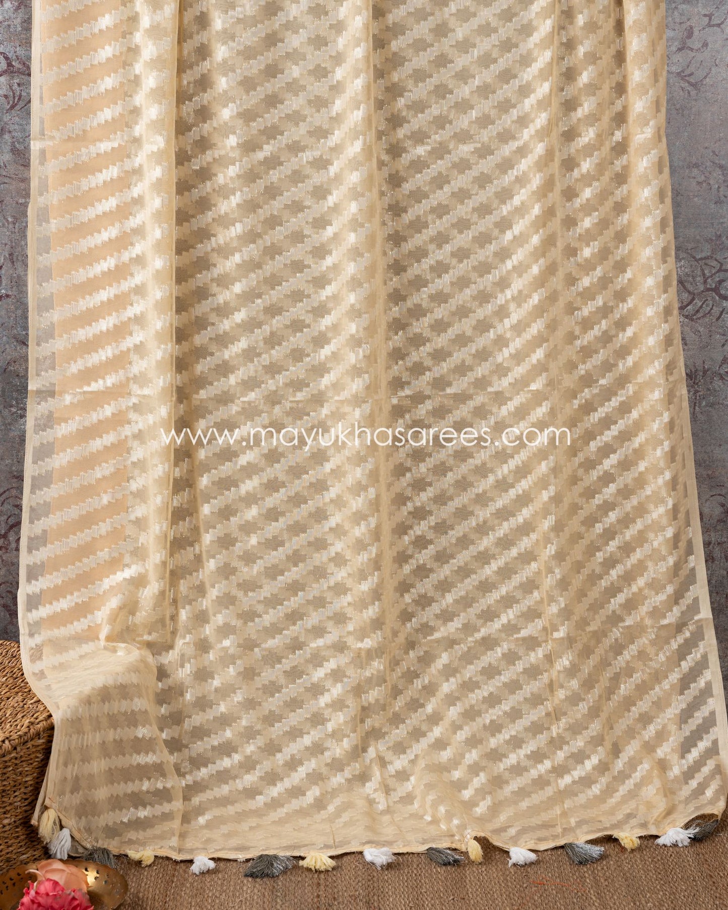 Pastel Orange And White Chikankari And Linen Gorgette Saree