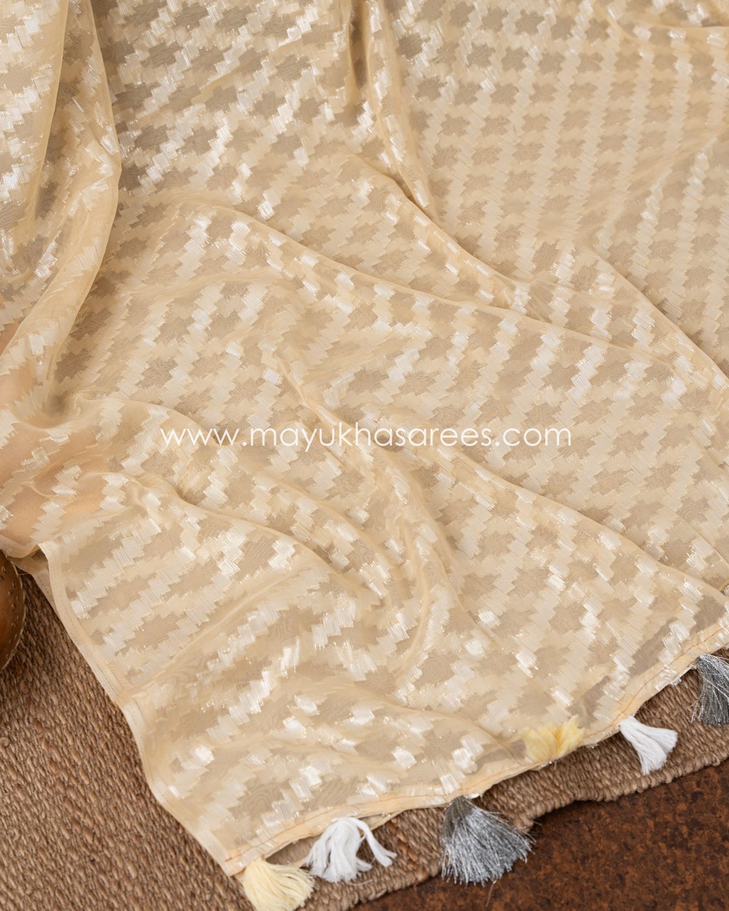 Pastel Orange And White Chikankari And Linen Gorgette Saree