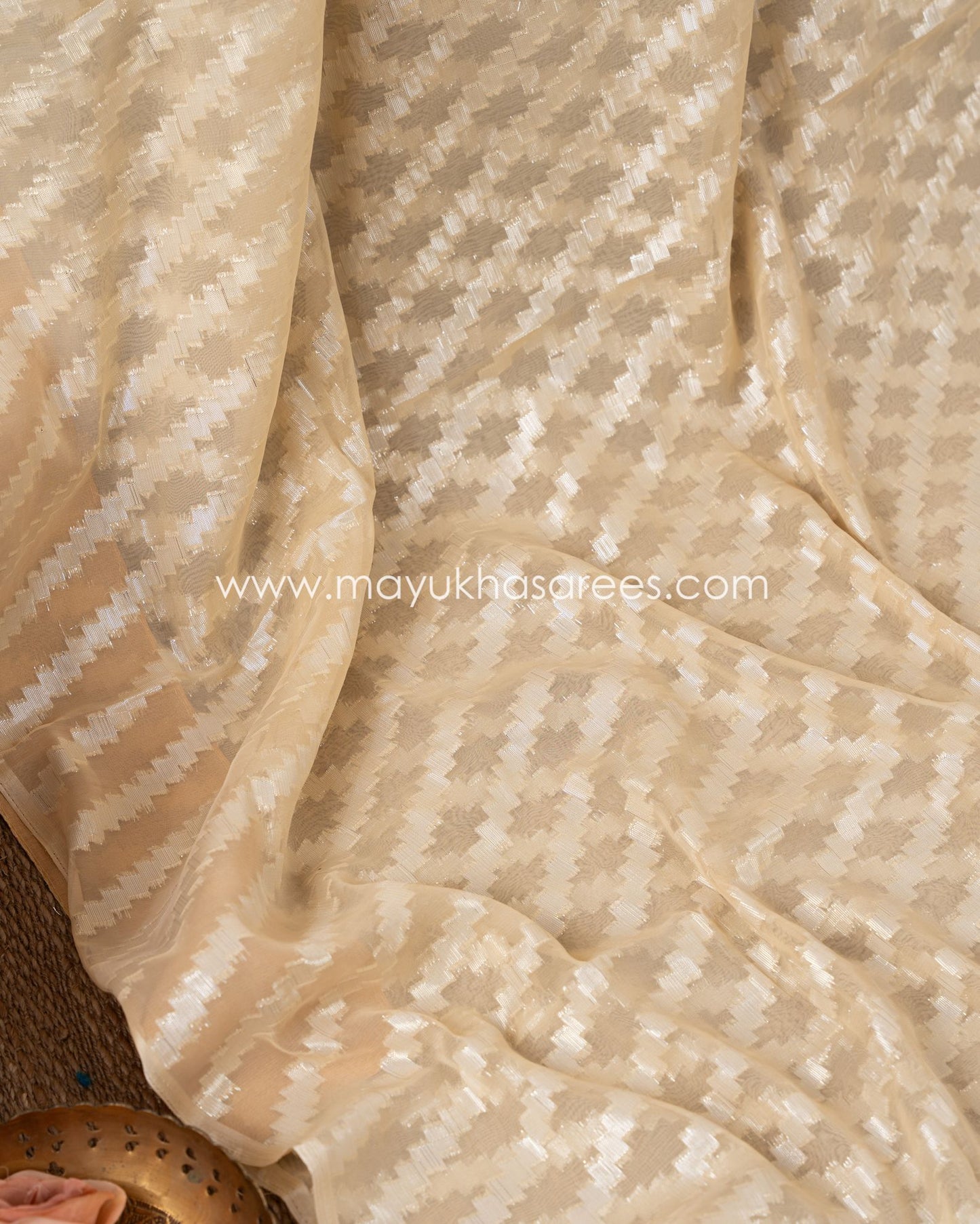 Pastel Orange And White Chikankari And Linen Gorgette Saree