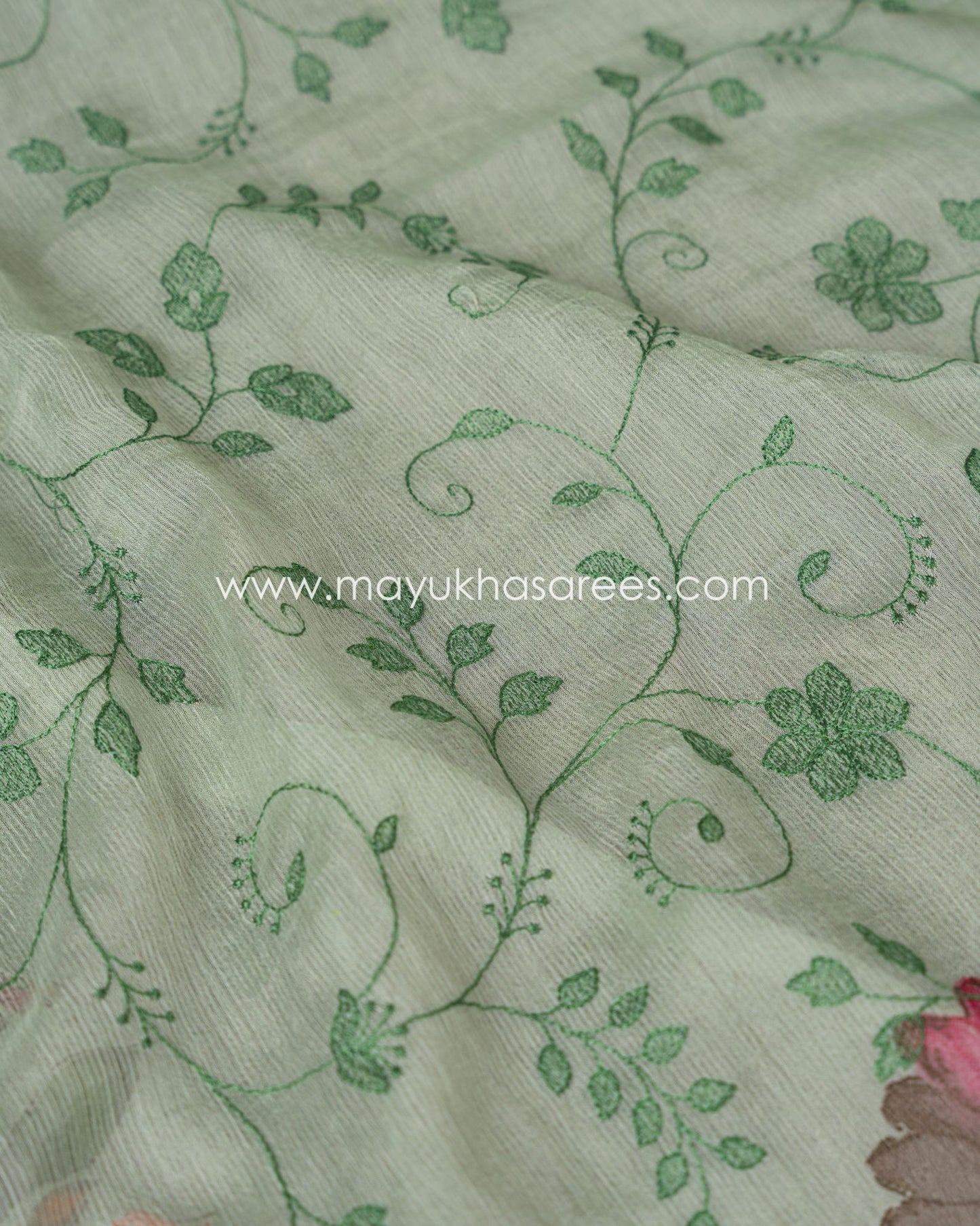 Floral Bliss: Pure Silk Pastel Green And Pink Gorgette Saree
