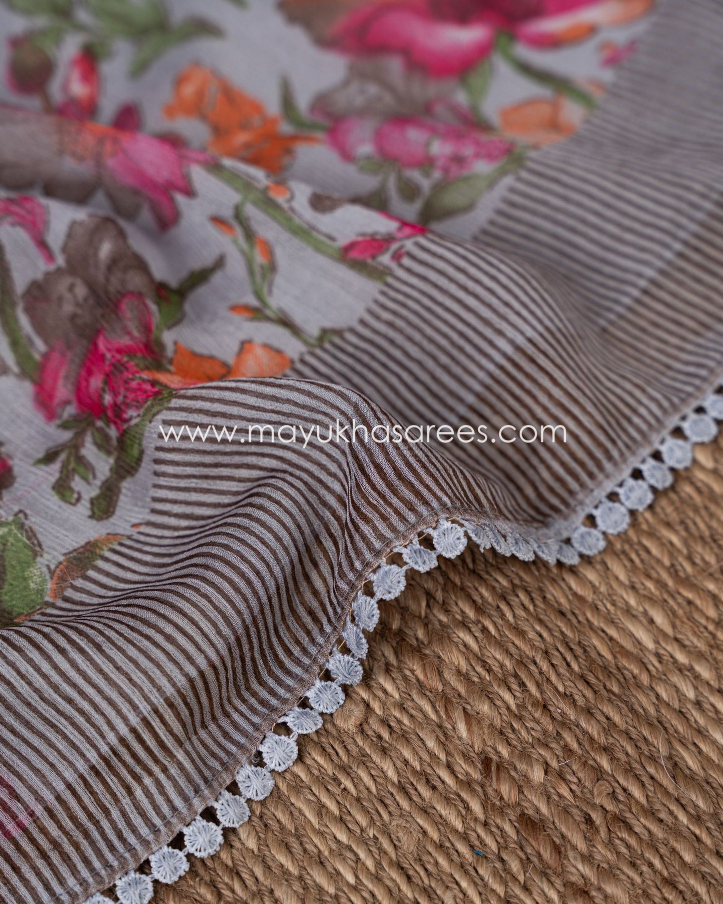 Silk Blossom: Grey And Pink Floral Print Gorgette Saree With Stitched Custom Blouse