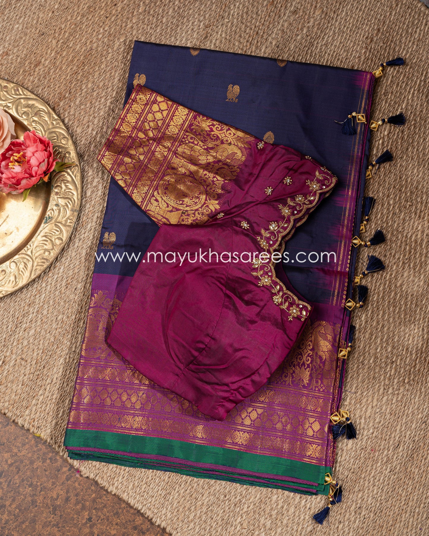 Navy-Blue And Magenta Gadwal Silk Saree With Stitched Blouse mayukhasarees