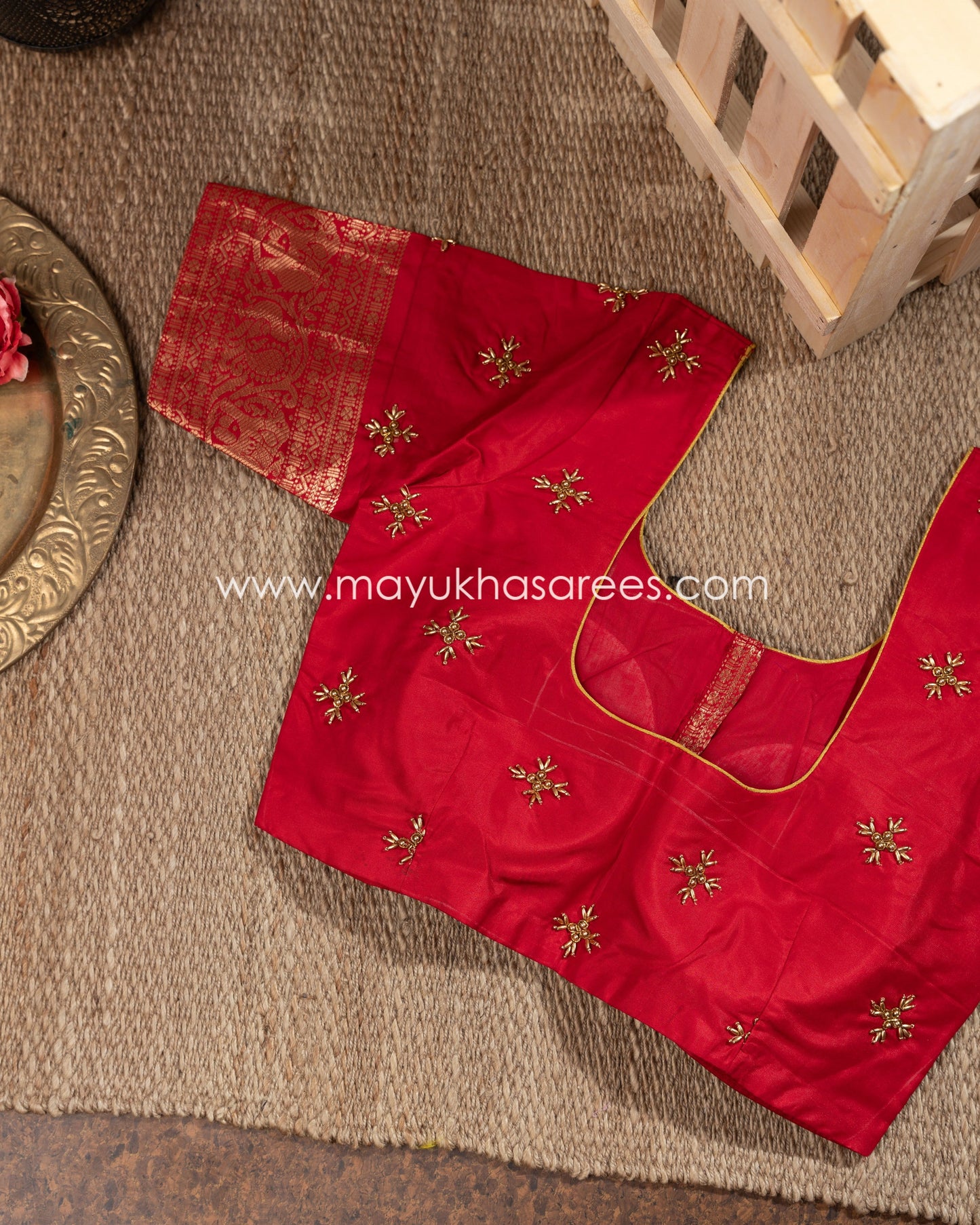 Navy-Blue And Red Kanchipuram Silk Saree With Stitched Blouse mayukhasarees