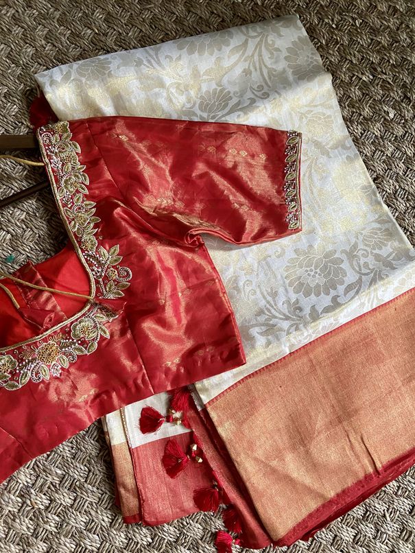 Off White & Red Pure Brocade Kanchipuram Silk Saree mayukhasarees