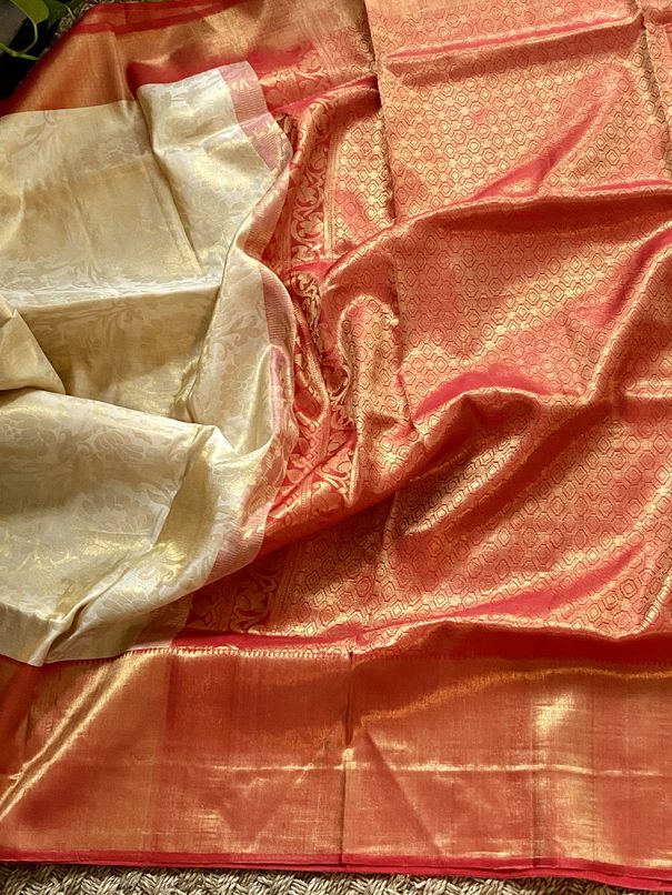Off White & Red Pure Brocade Kanchipuram Silk Saree mayukhasarees
