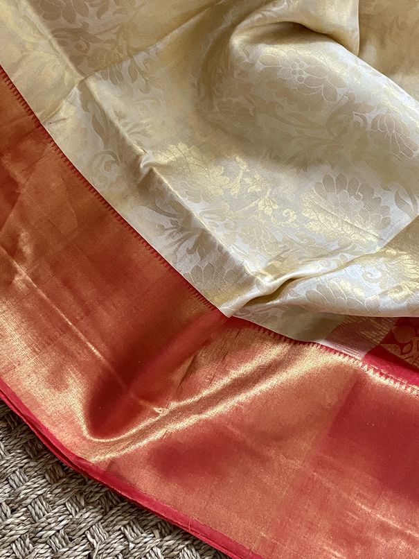 Off White & Red Pure Brocade Kanchipuram Silk Saree mayukhasarees