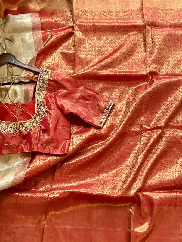 Off White & Red Pure Brocade Kanchipuram Silk Saree mayukhasarees