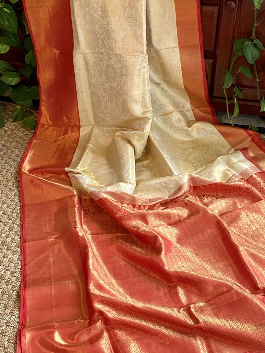 Off White & Red Pure Brocade Kanchipuram Silk Saree mayukhasarees