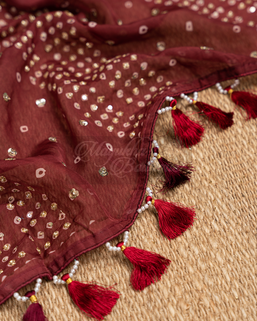 Organza Bandhani Maroon Saree mayukhasarees