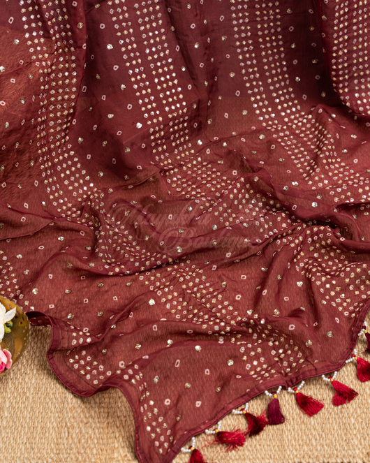 Organza Bandhani Maroon Saree mayukhasarees