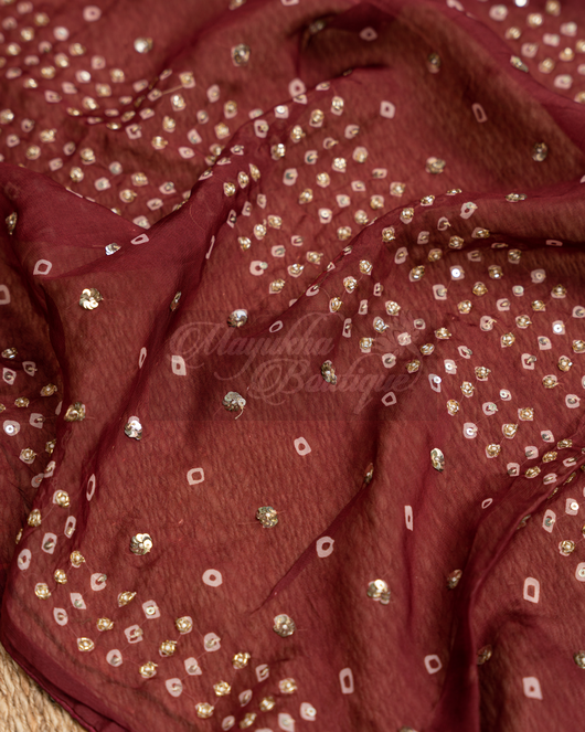 Organza Bandhani Maroon Saree mayukhasarees