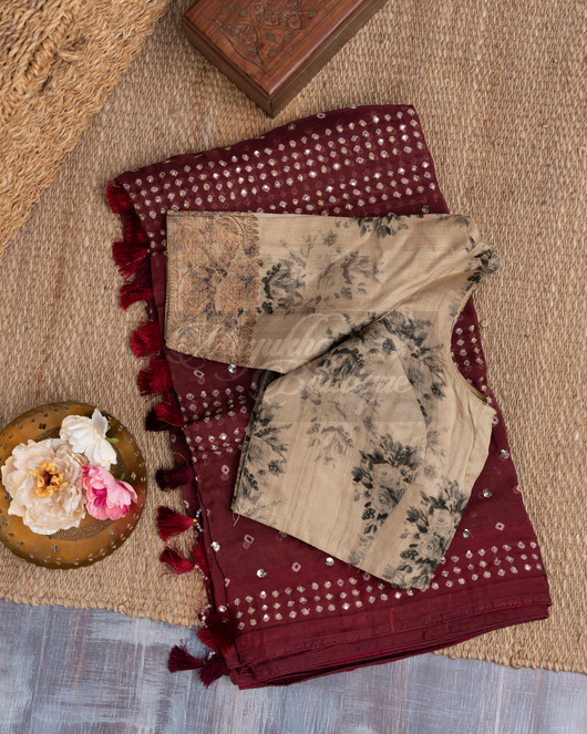 Organza Bandhani Maroon Saree mayukhasarees