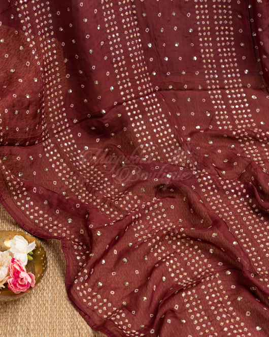 Organza Bandhani Maroon Saree mayukhasarees