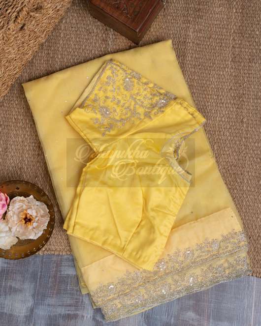 Organza Lemon Yellow Saree mayukhasarees