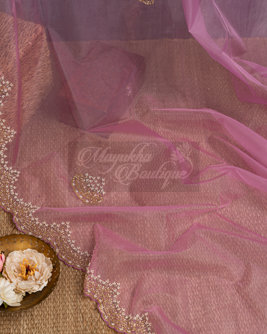 Organza Lilac Pearl-Beads Embroidery Saree mayukhasarees