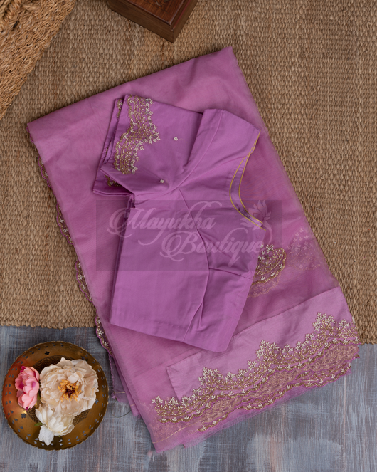 Organza Lilac Pearl-Beads Embroidery Saree mayukhasarees