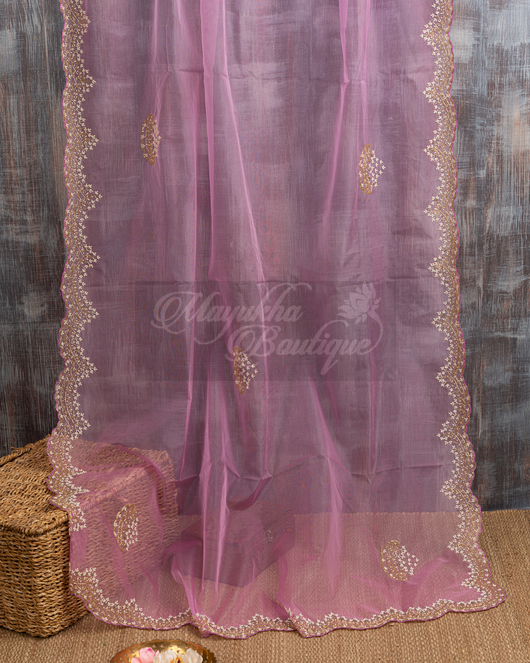 Organza Lilac Pearl-Beads Embroidery Saree mayukhasarees