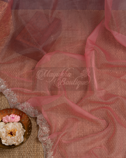 Organza Pure Silk Peach Saree mayukhasarees