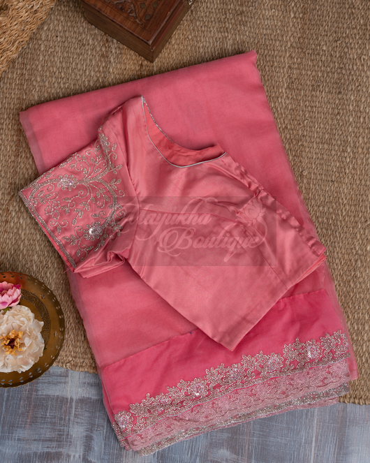 Organza Pure Silk Peach Saree mayukhasarees