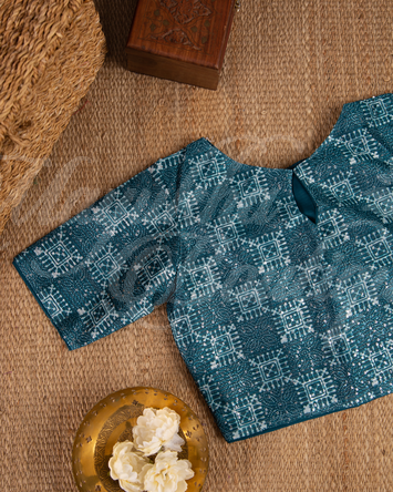 Organza Teal Floral Prints Saree With Dhana Border And Ajrak Blouse With Stitched Blouse In Size 38-44 mayukhasarees