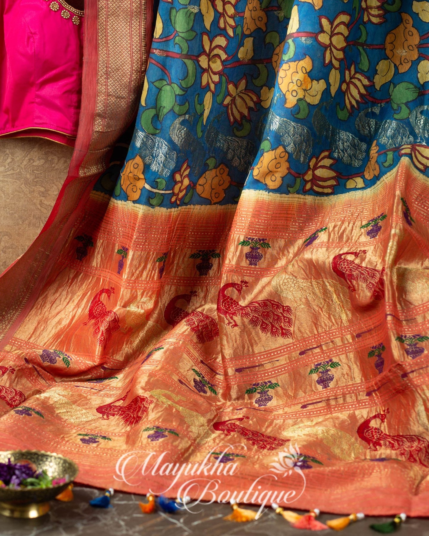 Pen Kalamkari On Pure Authentic Maharani Paithani mayukhasarees