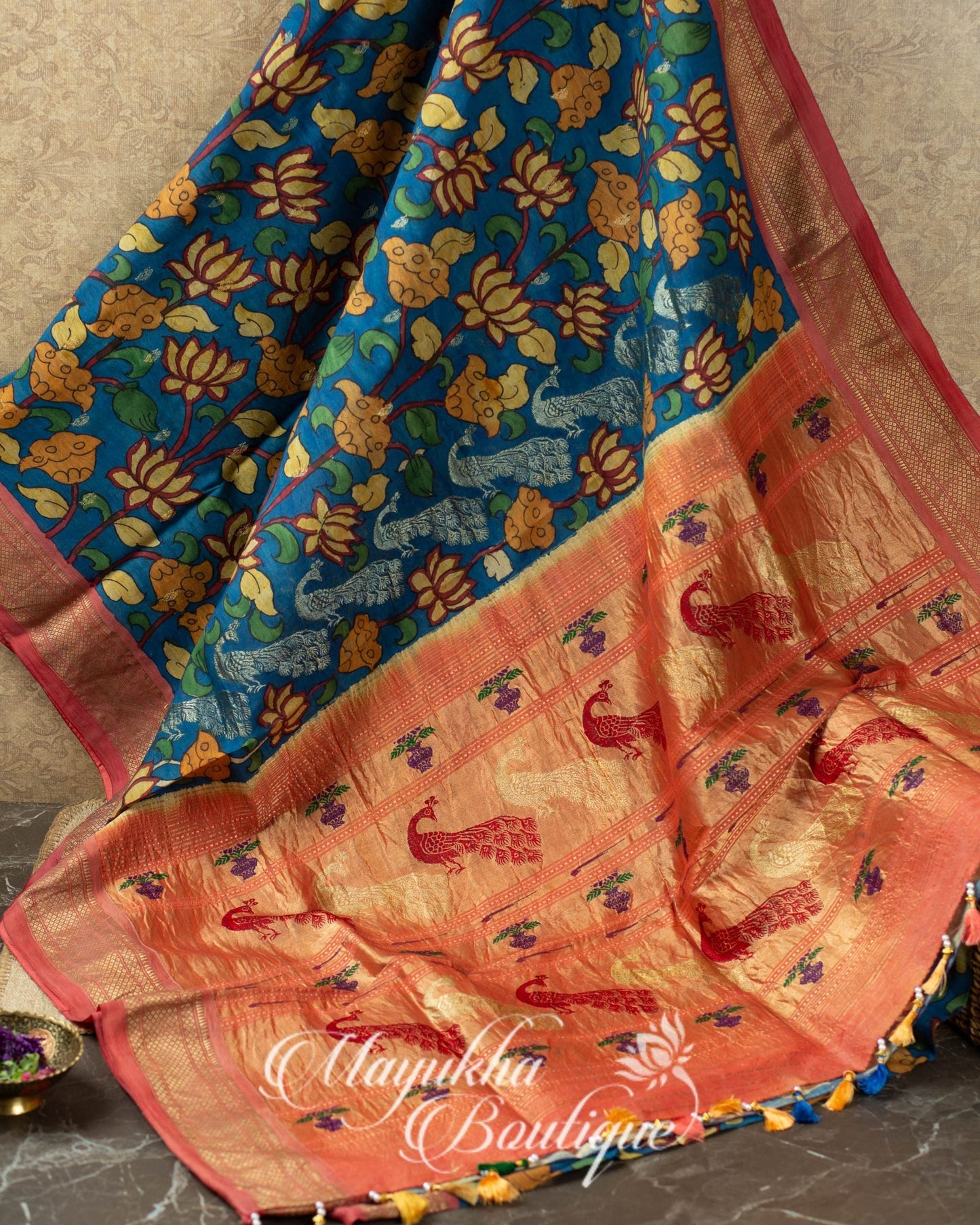 Pen Kalamkari On Pure Authentic Maharani Paithani mayukhasarees