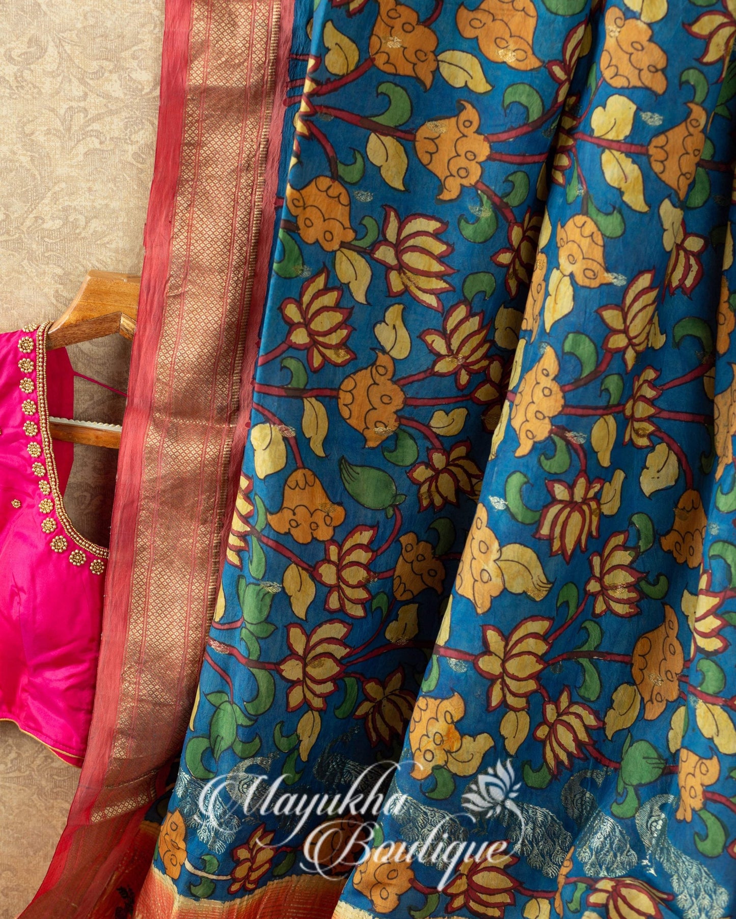 Pen Kalamkari On Pure Authentic Maharani Paithani mayukhasarees
