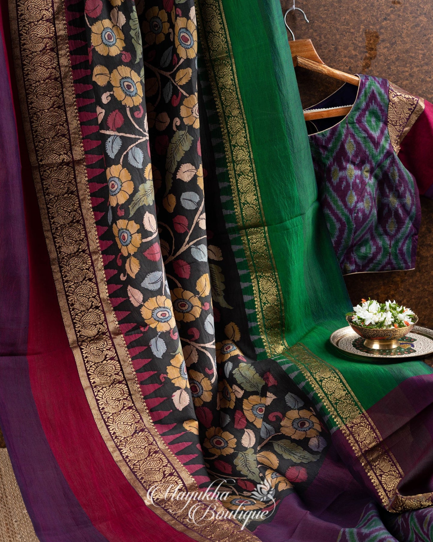 Pen Kalamkari On Pure Silk Ikkat With Kanchipuram Borders mayukhasarees
