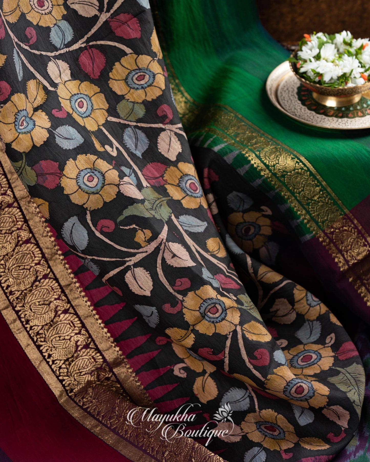 Pen Kalamkari On Pure Silk Ikkat With Kanchipuram Borders mayukhasarees