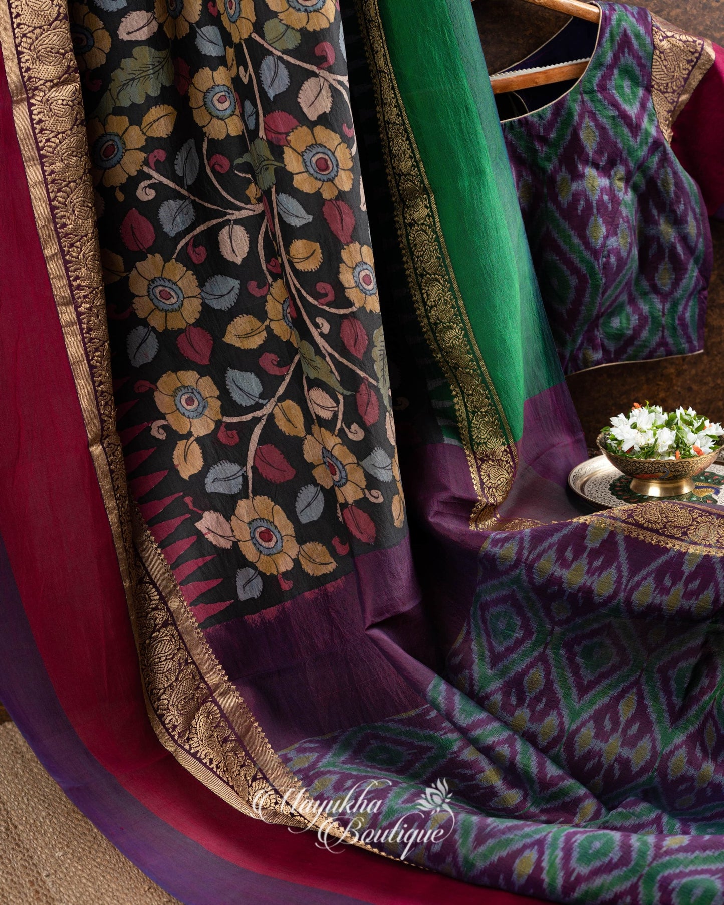 Pen Kalamkari On Pure Silk Ikkat With Kanchipuram Borders mayukhasarees