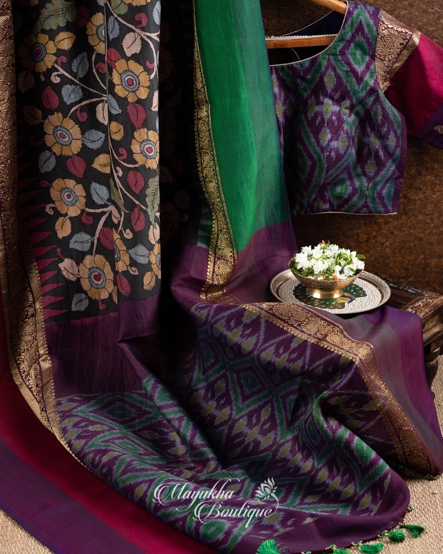 Pen Kalamkari On Pure Silk Ikkat With Kanchipuram Borders mayukhasarees