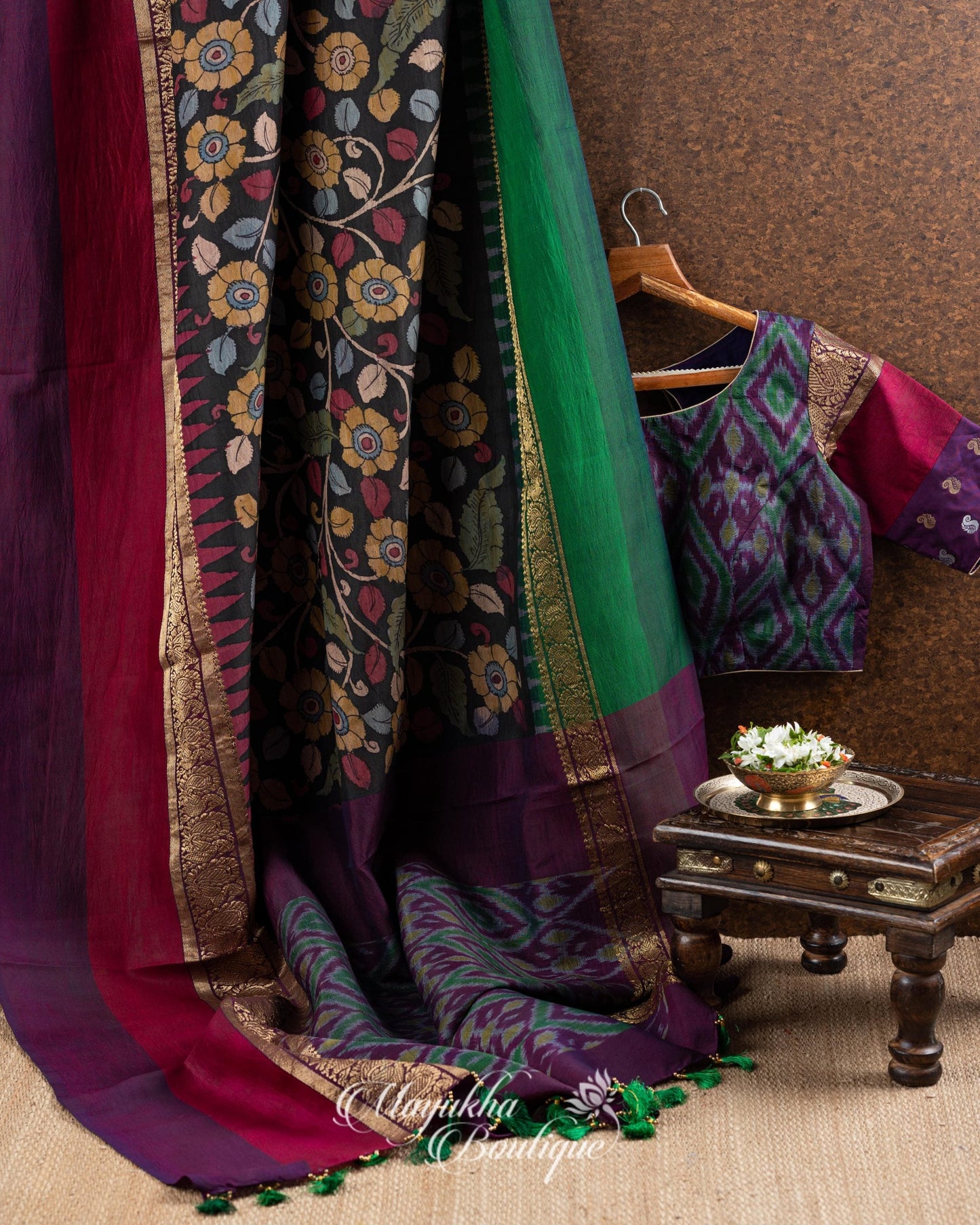 Pen Kalamkari On Pure Silk Ikkat With Kanchipuram Borders mayukhasarees