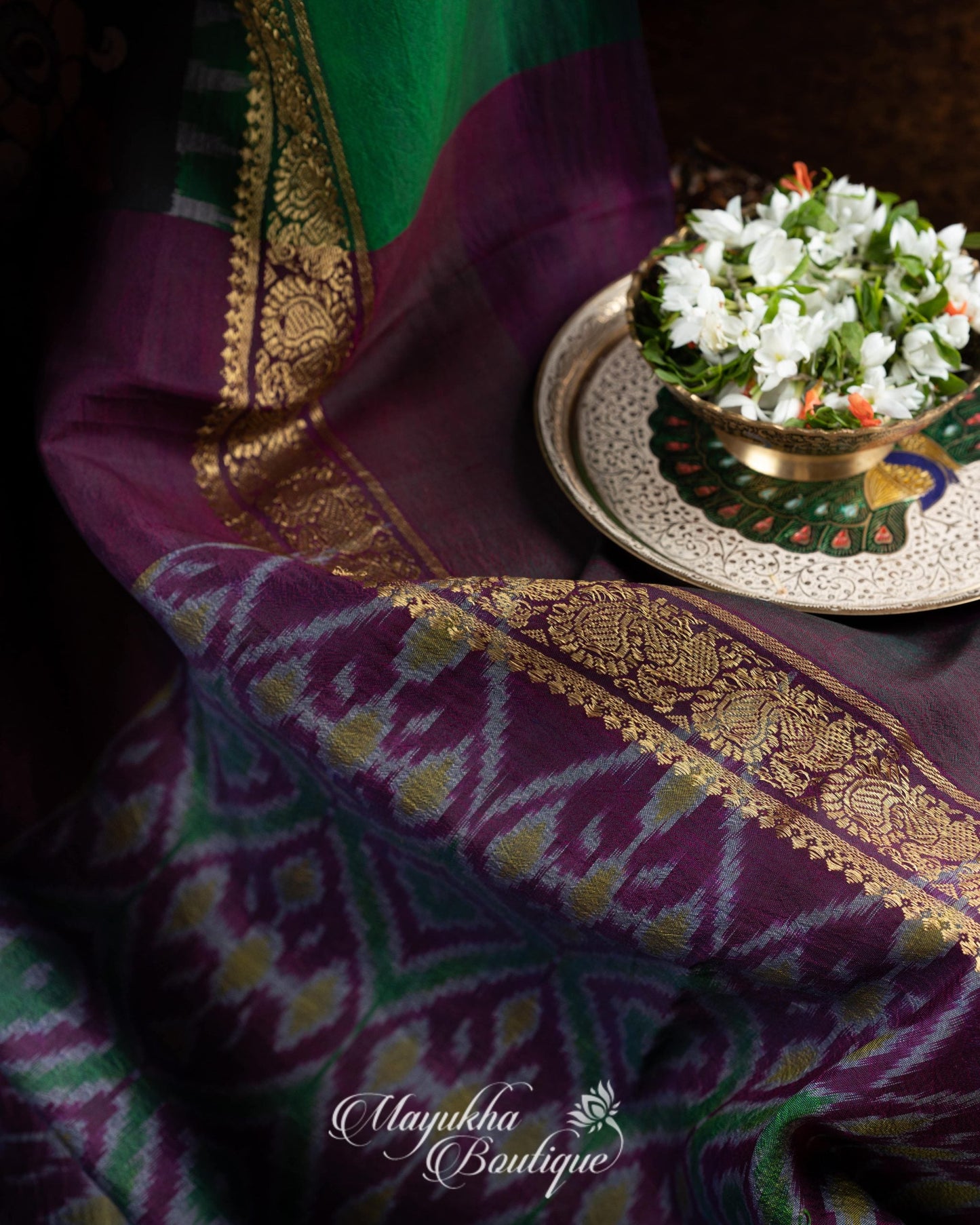 Pen Kalamkari On Pure Silk Ikkat With Kanchipuram Borders mayukhasarees