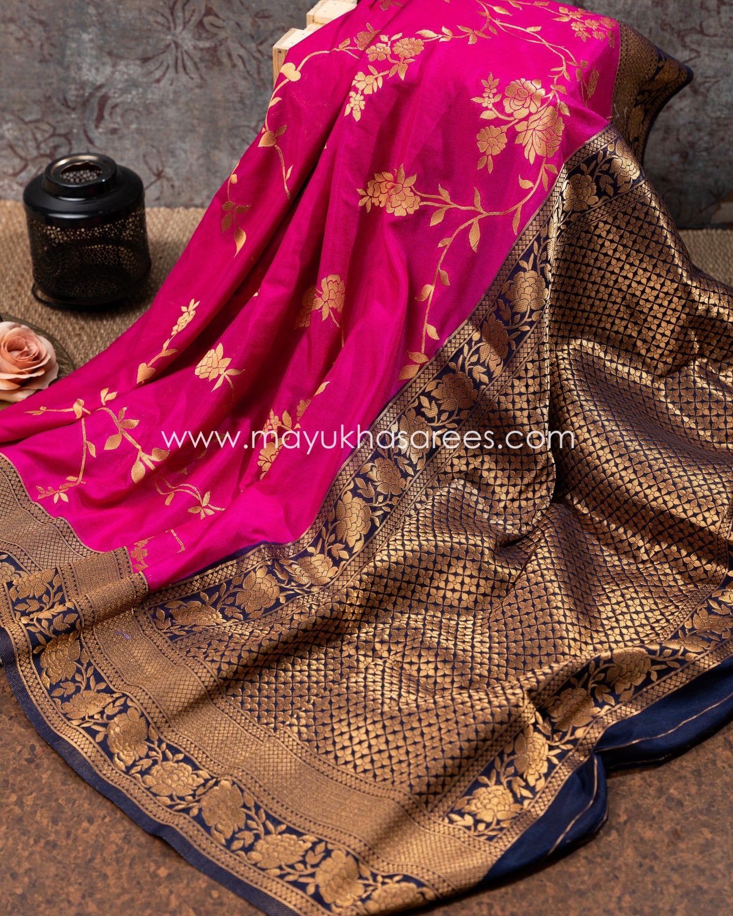 Pink And Blue Banarasi Munga Silk Saree With Stitched Blouse mayukhasarees