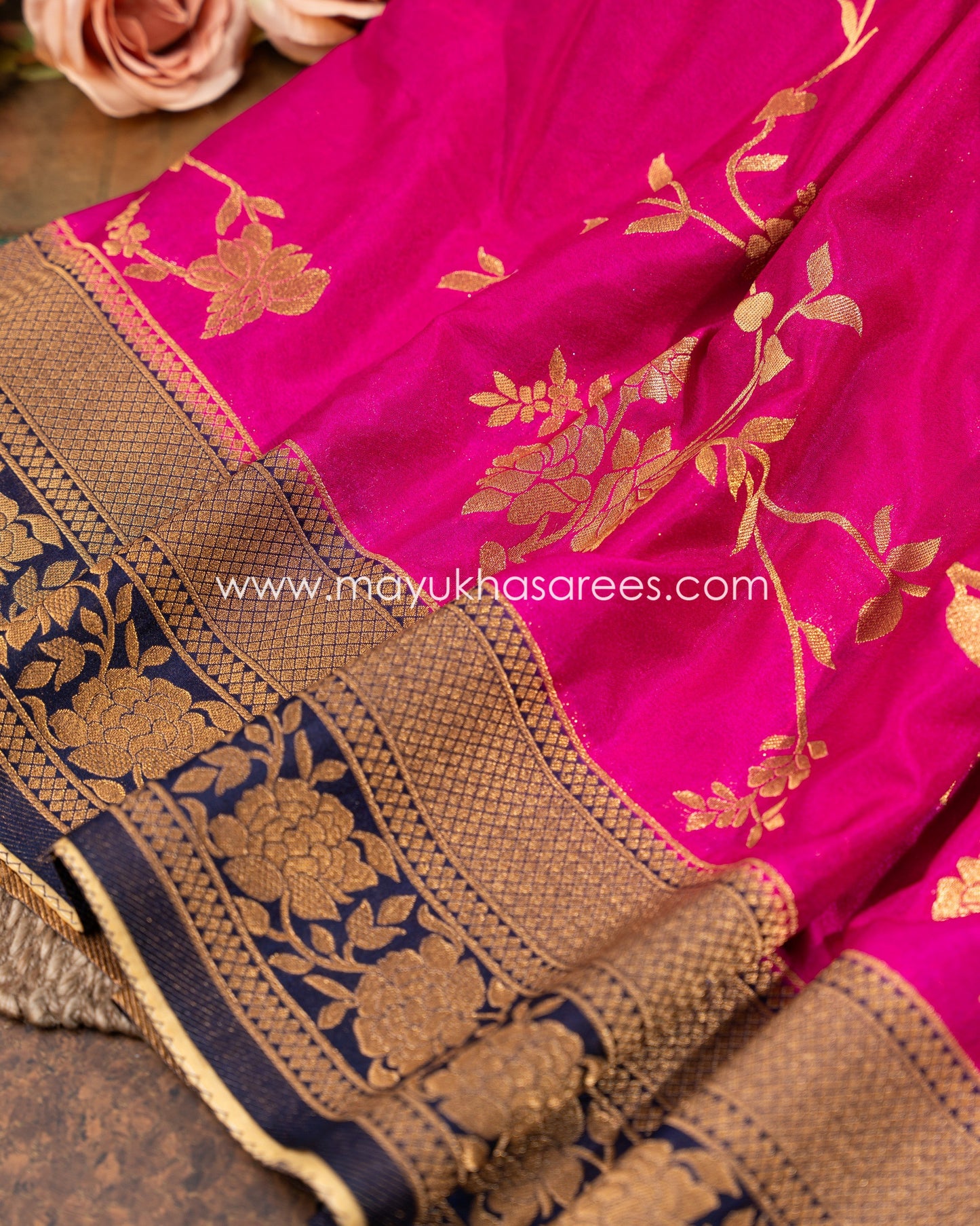 Pink And Blue Banarasi Munga Silk Saree With Stitched Blouse mayukhasarees