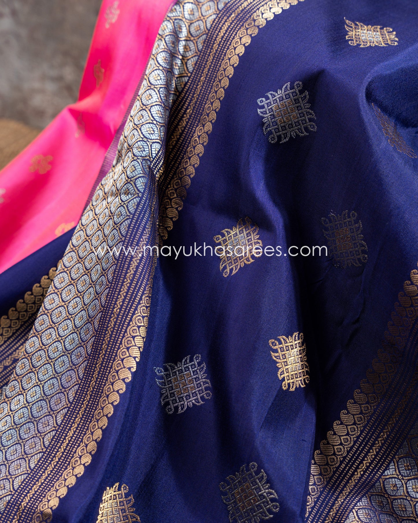 Pink And Navy-Blue Gadwal Silk Saree With Stitched Blouse mayukhasarees