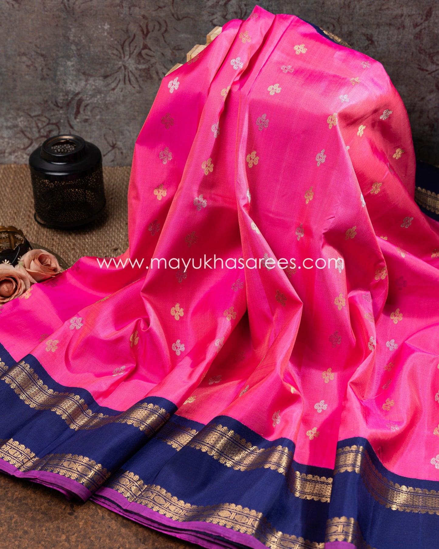 Pink And Navy-Blue Gadwal Silk Saree With Stitched Blouse mayukhasarees