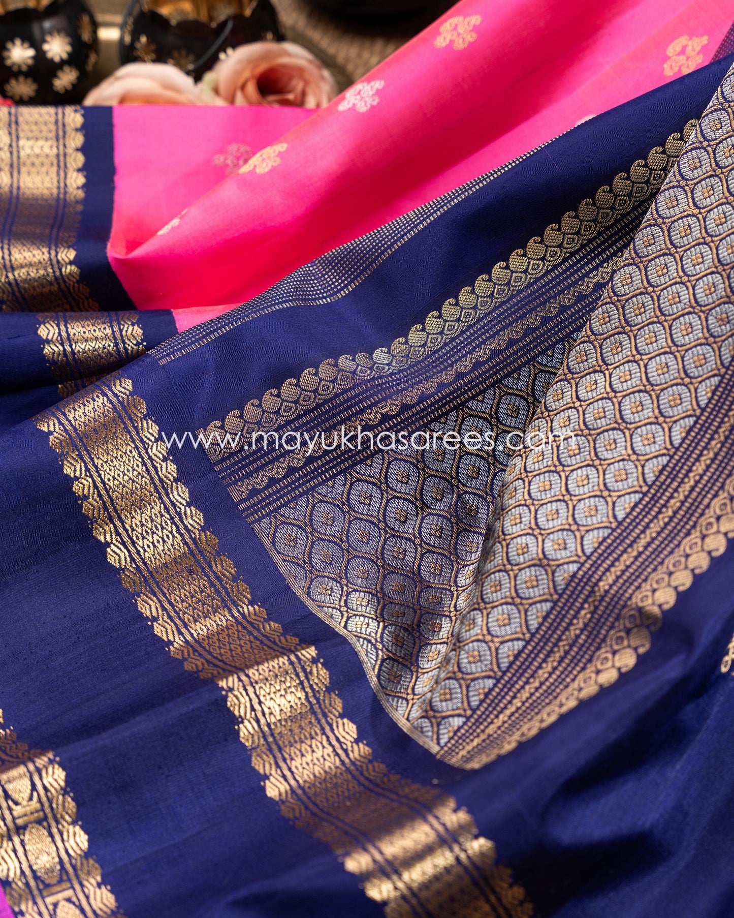 Pink And Navy-Blue Gadwal Silk Saree With Stitched Blouse mayukhasarees