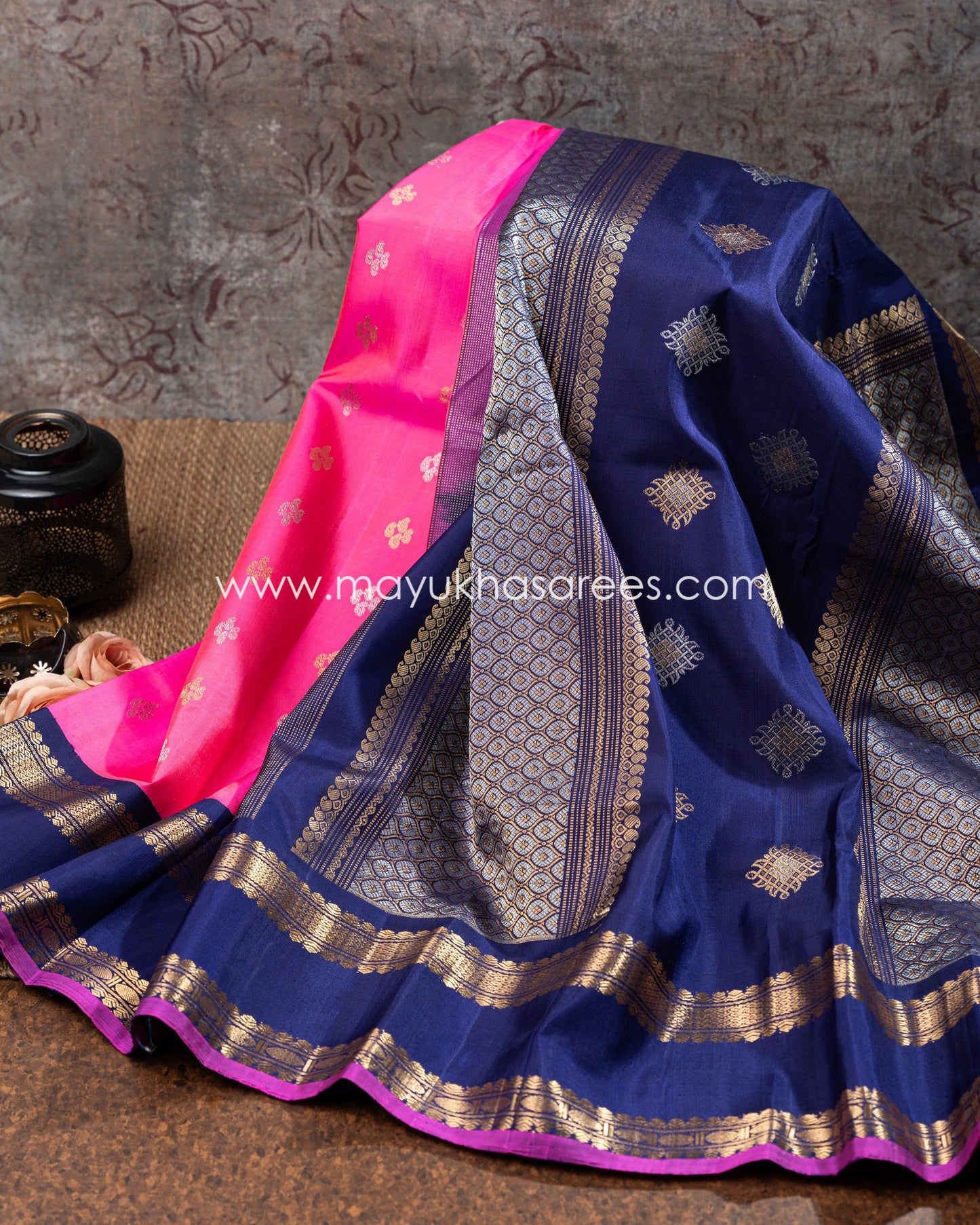 Pink And Navy-Blue Gadwal Silk Saree With Stitched Blouse mayukhasarees