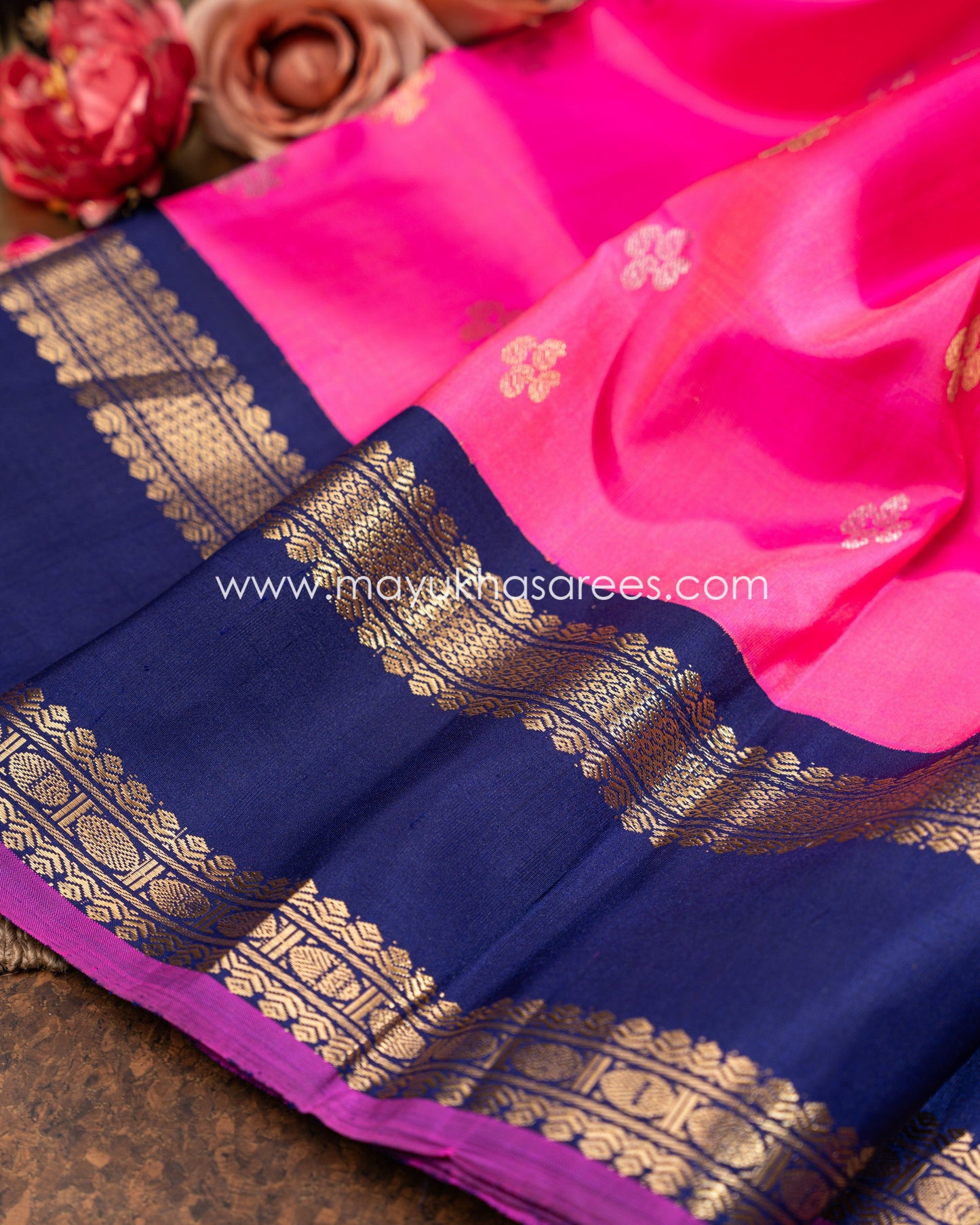 Pink And Navy-Blue Gadwal Silk Saree With Stitched Blouse mayukhasarees
