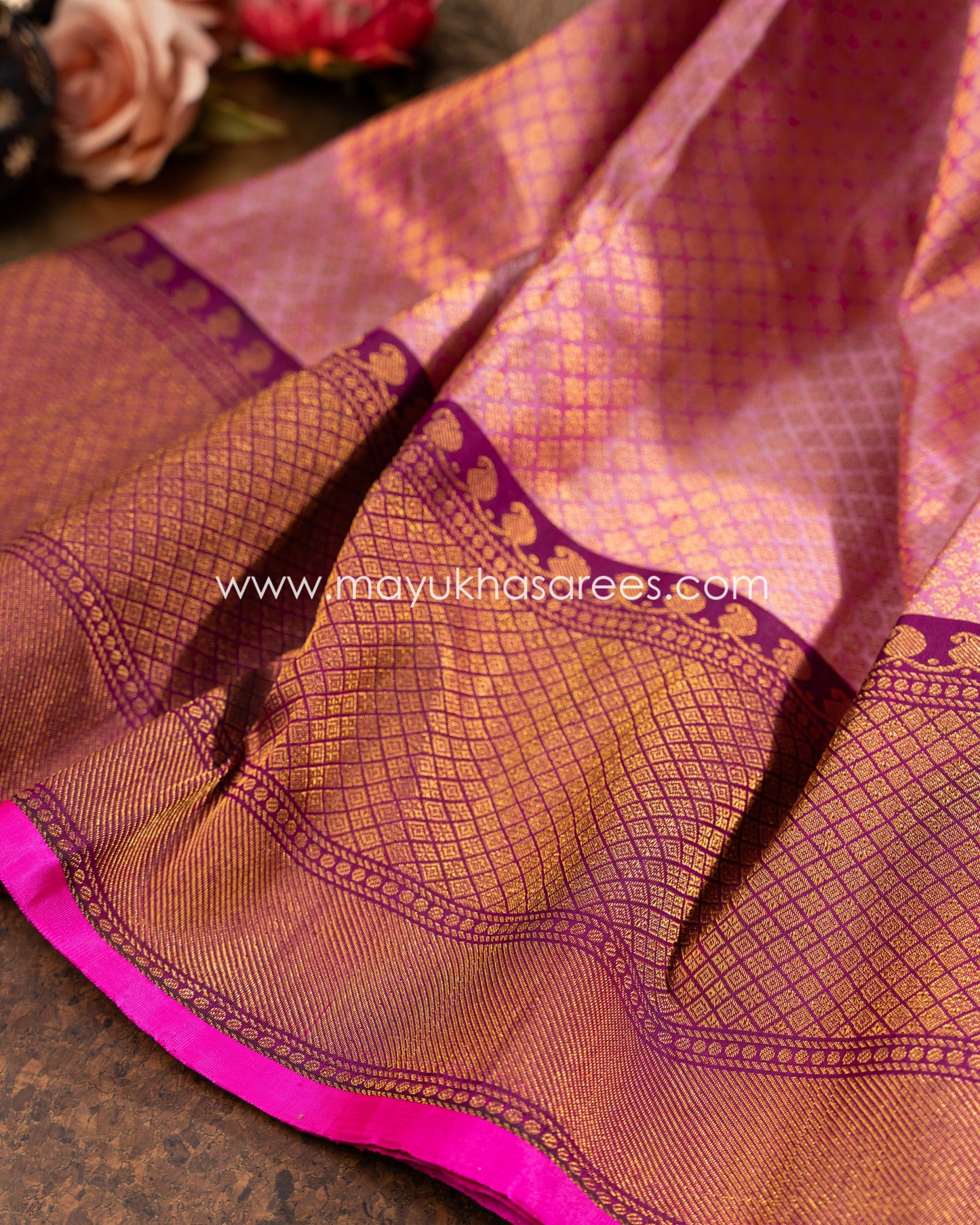 Pink And Purple Gadwal Brocade Silk Saree With Stitched Blouse mayukhasarees