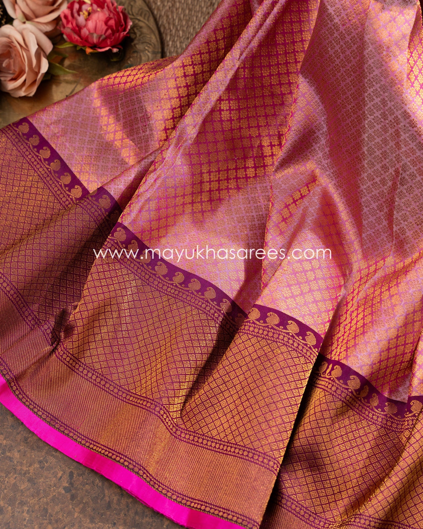 Pink And Purple Gadwal Brocade Silk Saree With Stitched Blouse mayukhasarees