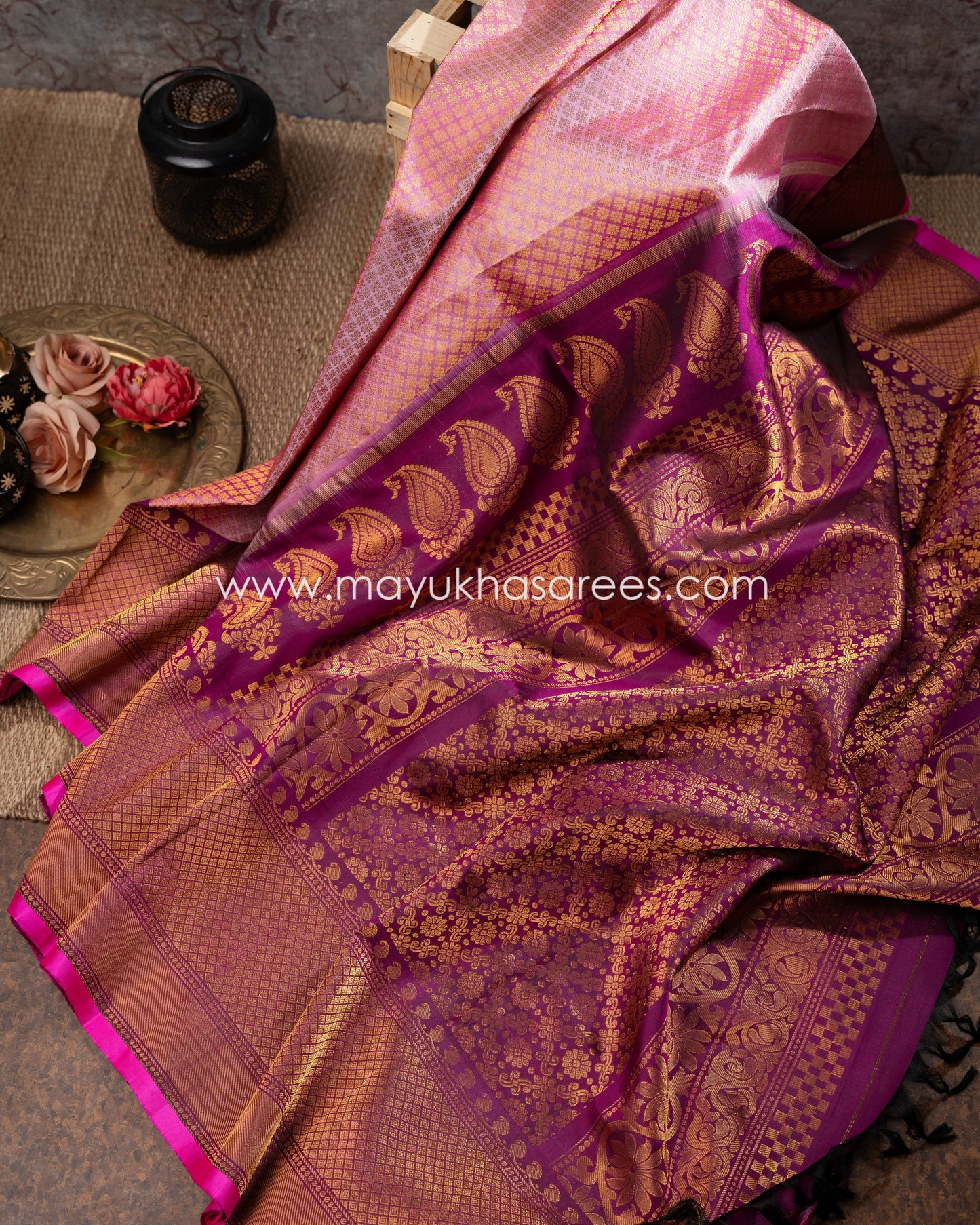 Pink And Purple Gadwal Brocade Silk Saree With Stitched Blouse mayukhasarees