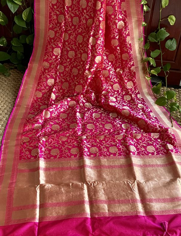 Pink Jaal Banarasi Katan With Kaddi Borders mayukhasarees