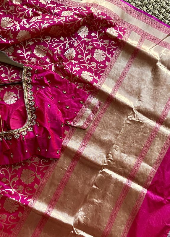 Pink Jaal Banarasi Katan With Kaddi Borders mayukhasarees